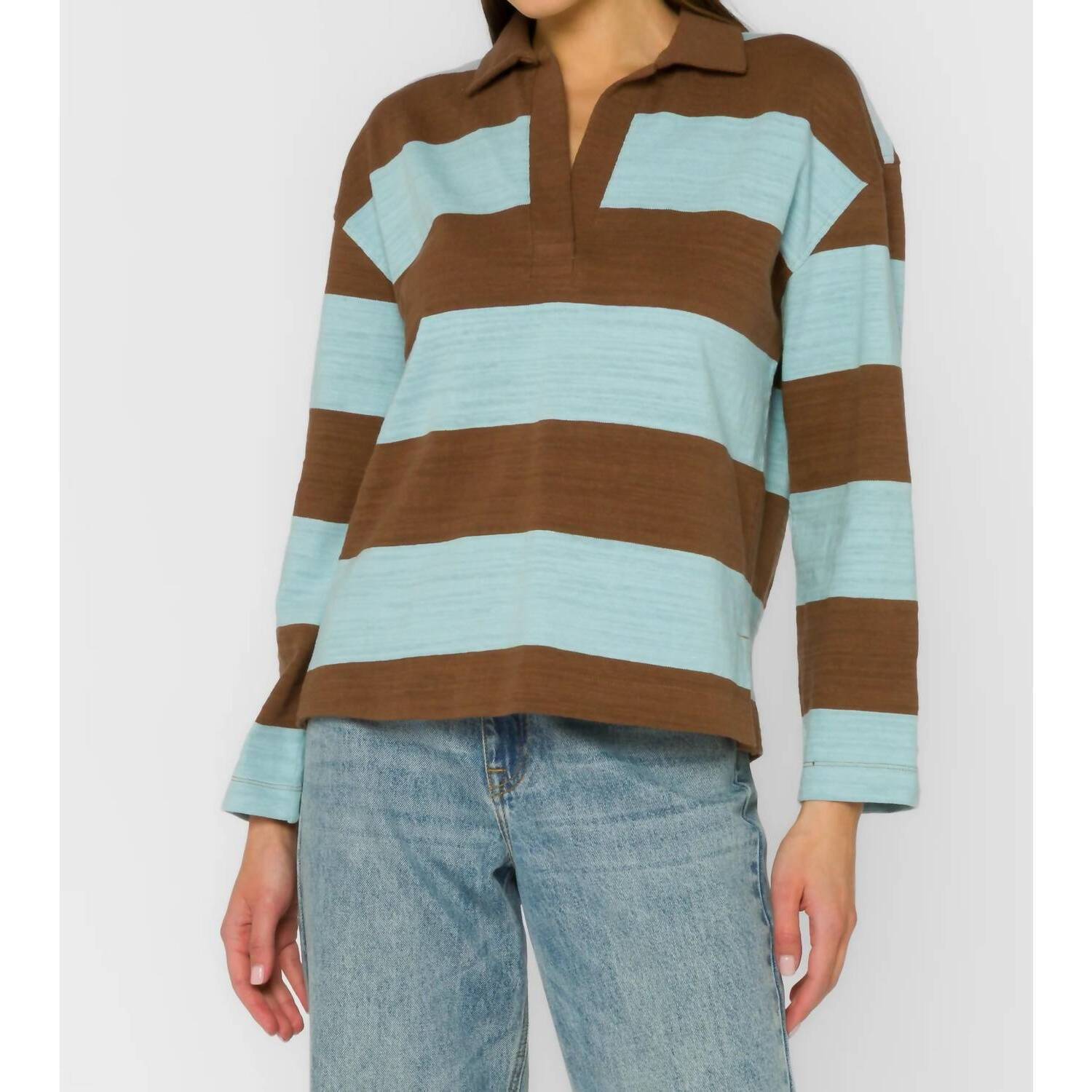 New Velvet Heart Sailor Rugby Stripe Top In Blue/ Brown